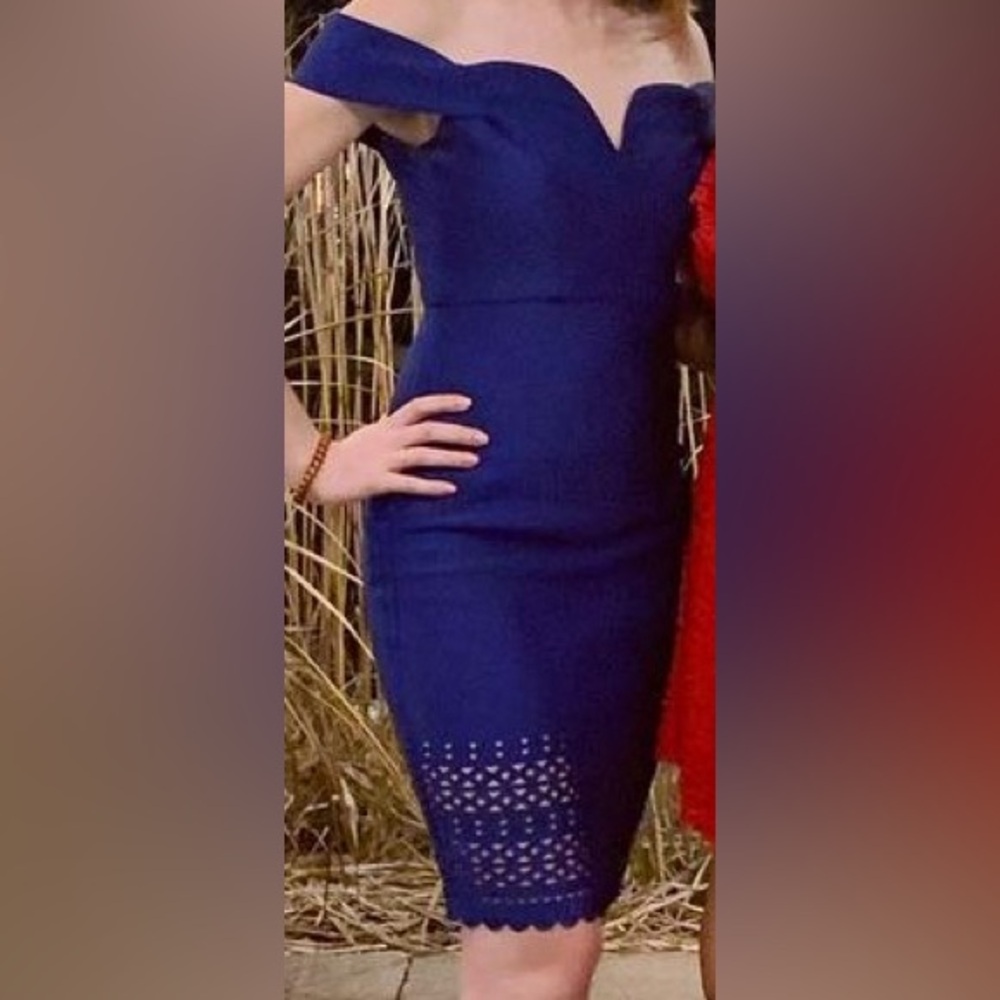 Royal blue off the shoulder special occasion dress
